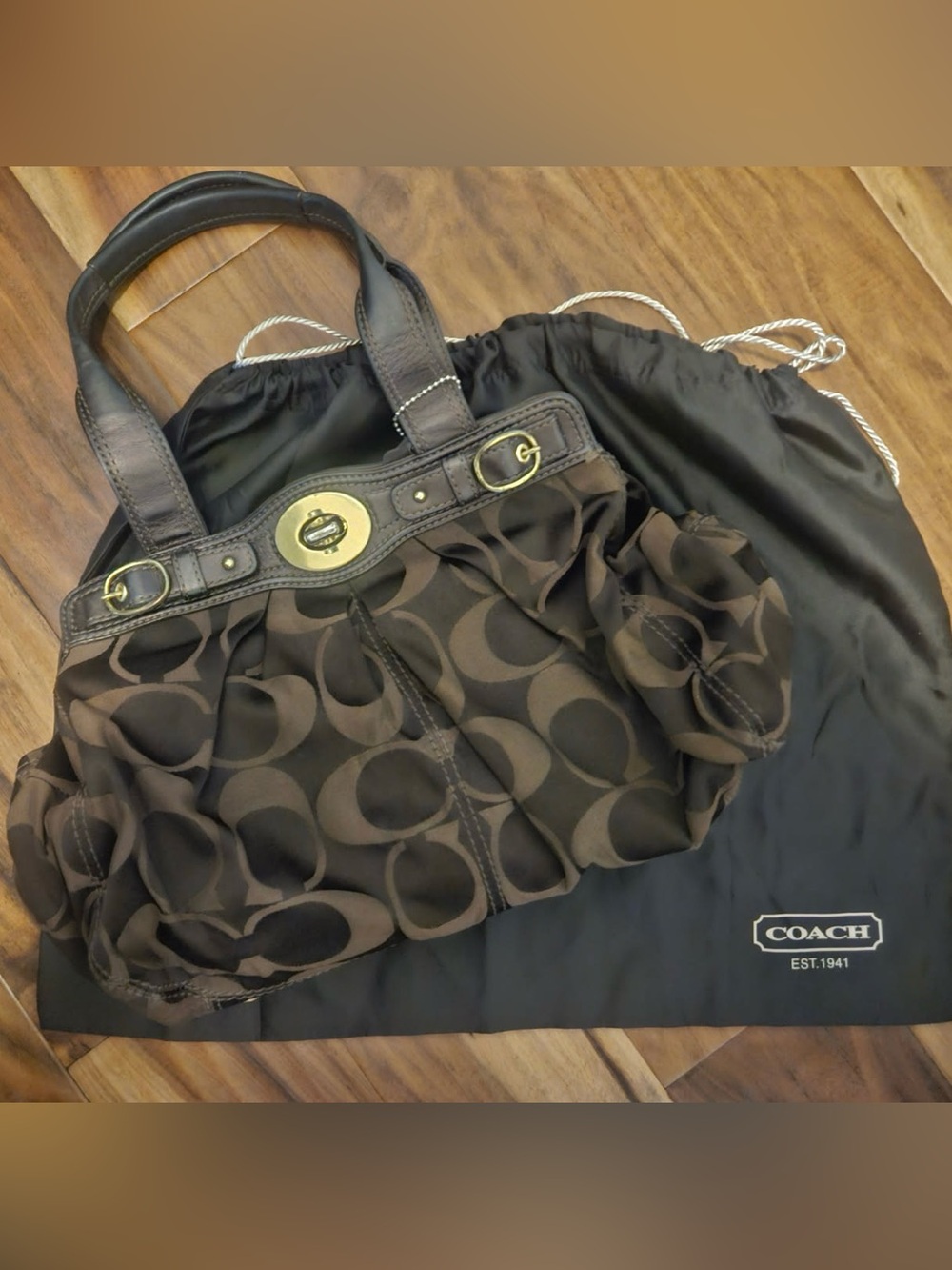 Coach Brown and Dark Brown Signature Satchel with Gold Hardware